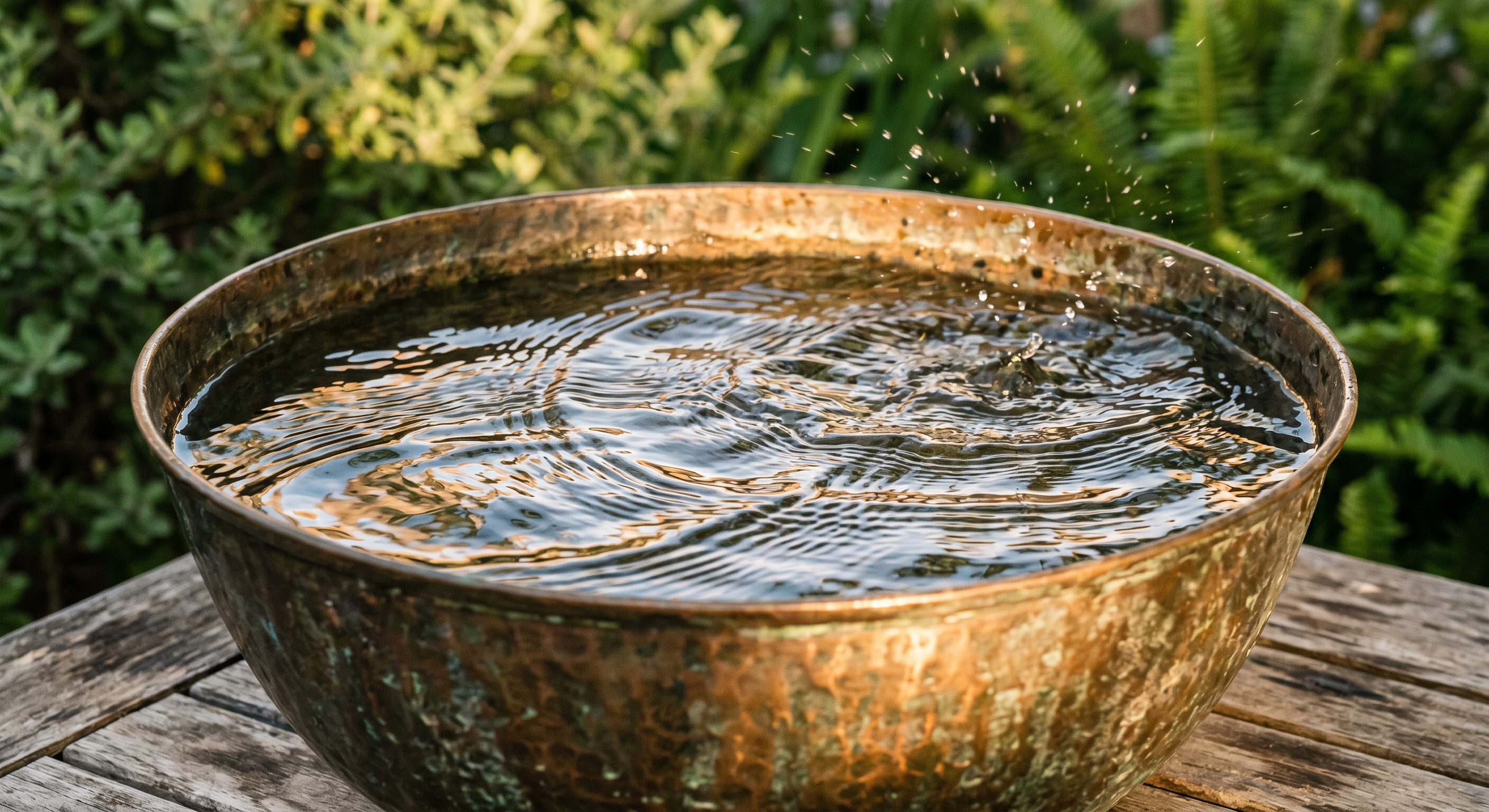 Water rippling in a bronze bowl